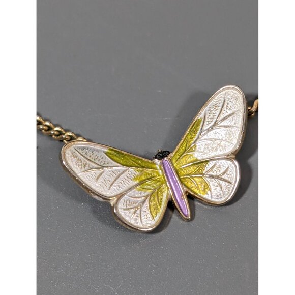 Vintage White Green Enamel Butterfly Pendant Necklace Gold tone 16" - Picture 5 of 9